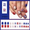 Independence Day Press on Nails Short Square- 4th of July Fake Nails with Red White Blue Five-Pointed Star Glitter Design Press on Nails for Women Acrylic Manicure Art False Nails Glue on Nails Kit 24