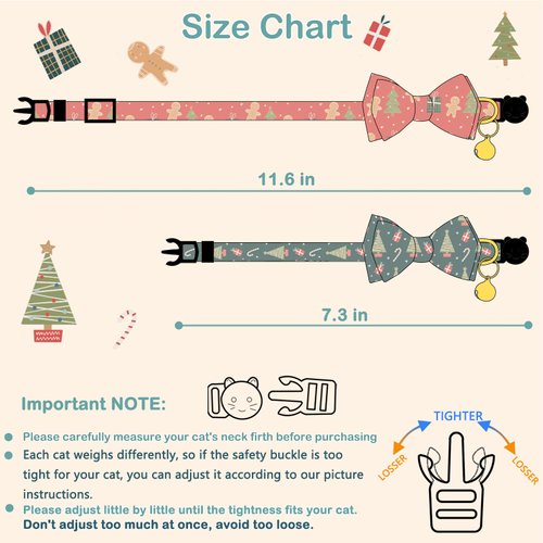2 Pack Cotton Christmas Cats Collar with Bow Tie Red Green Cat Collars for Girl Female Boy Male Cat Collar with Bell Gingerbread Man Christmas Trees Charms