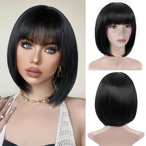 Lusina Short Bob Wigs With Bangs Human Hair Wig For Black Women Brazilian None Lace Front Wigs Machine Made Bob Wigs 150% Density 10 Inch. (10 inch, 1B)…
