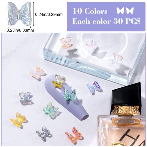 OIIKI 300pcs Cute 3D Butterfly Nail Charm, Butterfly Nail Glitter Charm for Nails Art, Resin Nail Art Decorations Glitter Ornaments Gems for Acrylic Nail DIY Craft Design Manicure Accessories