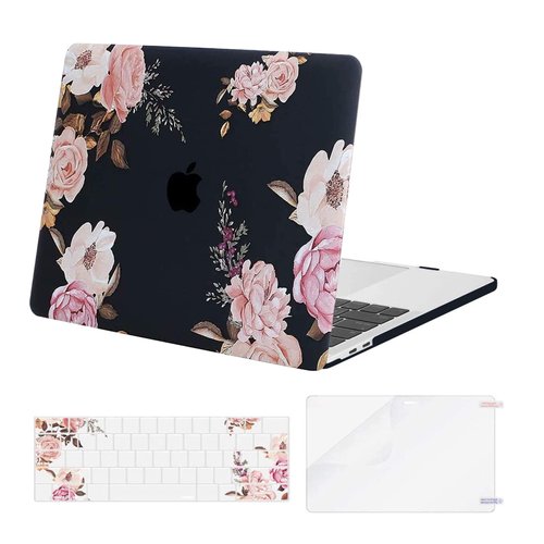 MOSISO Compatible with MacBook Pro 13 inch Case M2 2023, 2022, 2021-2016 A2338 M1 A2251 A2289 A2159 A1989 A1708 A1706, Plastic Peony Hard Shell Case&Keyboard Cover&Screen Protector, Black