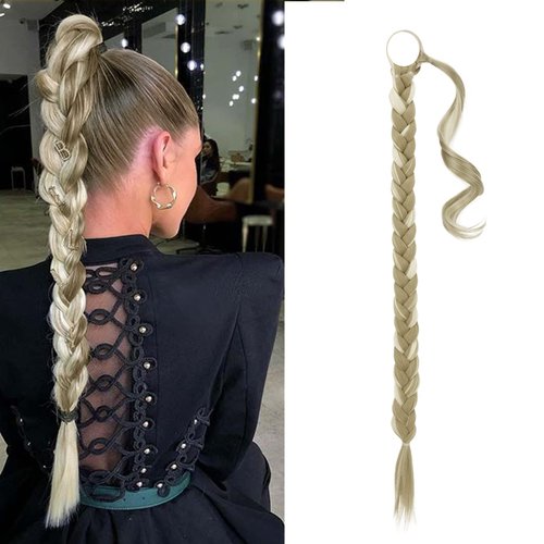 BARSDAR 26 Inch Long Braided Ponytail Extension with Hair Tie Straight Wrap Around Hair Extensions Pony Tail DIY Natural Soft Synthetic Hair Piece for Women -Light Ash Brown mix Bleach Blonde