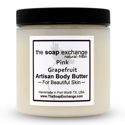 The Soap Exchange Body Butter - Pink Grapefruit Scent - Hand Crafted 8 fl oz / 240 ml Natural Artisan Skin Care, Shea Butter, Aloe Vera, Nourish, Moisturize, & Protect. Made in the USA.