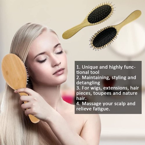 Amirce Wig Brush for Synthetic Wigs, Detangling Wigs Professional Wood Handle Hair Comb Wig Brush Set,WB-1