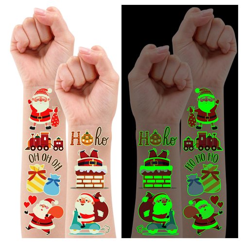 Partywind Luminous Christmas Tattoos for Kids Party Supplies, 185 Styles Santa Snowman Snowflakes Tattoo Stickers will Glow at Night, Kids Stocking Stuffers, Xmas Holiday Party Decorations Favors