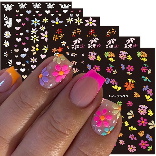Vezocim Flower Nail Art Stickers Decals, Holographic 5D Embossed Flowers Heart Nail Self-Adhesive Sticker Designs, Engraved Colorful Floral Nail Decal Decorations for Women Girls Manicure Tips Art