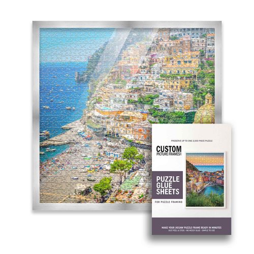 19x19 Puzzle Frame Kit with Glue Sheets | Silver Modern Picture Frame | Real Wood with UV Resistant Acrylic Front | Made to Preserve and Display Puzzles Measuring 19x19 Inches