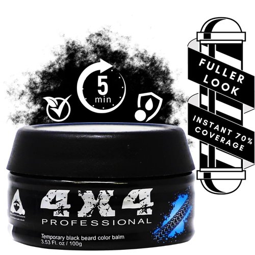4 X 4 Professional Black Beard Balm, Instant Fuller Thicker Beard, Hair Coverage for Men, 3.5 Fl Oz Jar, Dye Free, Conceals Gray & Patchy Thinning Beards, Temporary Hair Color, Anti-Age
