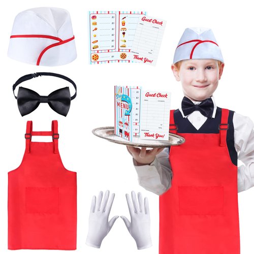 Keymall Kids Waiter Costume Set Vendor Costume Kit 6 Pcs Hat Apron Bow Tie Gloves Cards For Halloween Pretend Play Dress Up (Set B)
