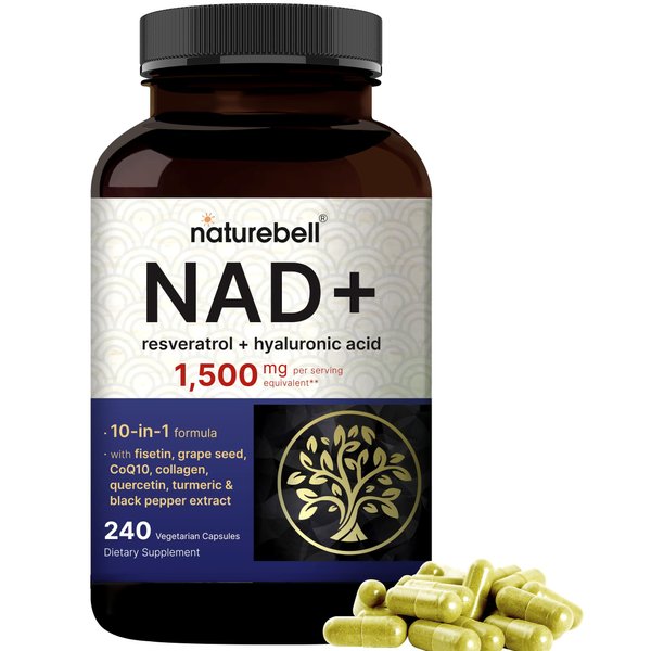NatureBell NAD+ 1,500mg Per Serving, 240 Veggie Capsules | NMN Supplement Alternative | 10-in-1 Complex with Resveratrol Plus Hyaluronic Acid, Quercetin, Fisetin, Collagen, & More – Non-GMO