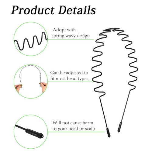 LERNOU Metal Men Headbands Women Hair Bands, Unisex Black Wavy,Spring And Summer Outdoor Sports Headbands, Fashion Simple Elastic Hair Accessories (6pcs)