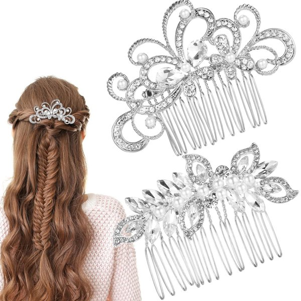 Yuanchu 2Pcs Silver Rhinestone Hair Combs, Metal Leaf Hair Side Combs French Twist Butterfly Hair Clips with Teeth Bridal Wedding Headpiece Jewelry Crystal Pearl Hair Clip for Women Girl Bridesmaid
