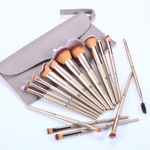 HEYMKGO Makeup Brushes 15PCS Champagne Gold Professional Makeup Brush Sets Foundation Brush Blending Powder Blush Concealers Eye Make Up Brush Set With PU Leather Cosmetics Bag