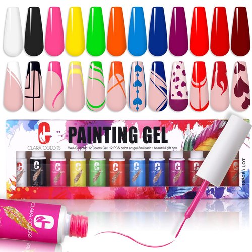 Clara Colors Gel Polish Nail Art Gel Liner Set, 12 Colors Gel Polish for Swirl French Tip Painting Designs Built Thin Nail Art Brush in Bottle Gel Soak Off UV Led Nail Gel