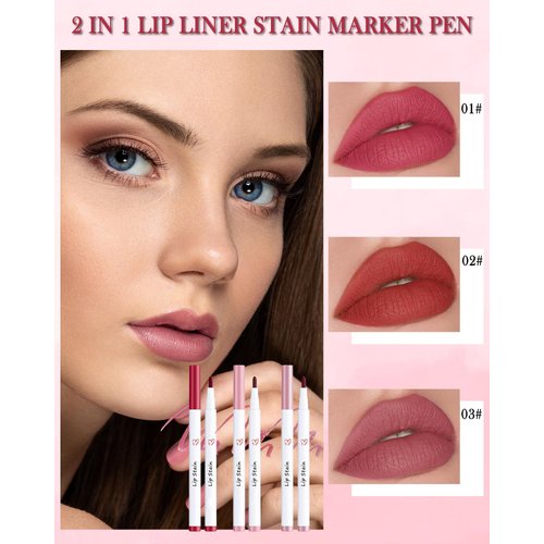 Lip Liner Stain Marker Pen-3Pcs Pink Red Rose Liquid Lip Stain Tint,Longlasting Waterproof Quick Dry Lipstick Lipcolor,Precise Chisel Tip Smooth Lip Gloss Pencil,Lip Makeup Lipstain Pen for Women-SetA
