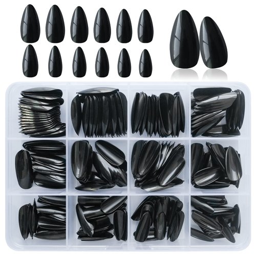 LoveOurHome 240pc Almond Press on Nails Medium Black Fake Nail Tips Full Cover Glue Almond Acrylic Nails Press ons Nail Short Stiletto False Artificial Fingernail & Glue Adhesive Tabs for Women Girls