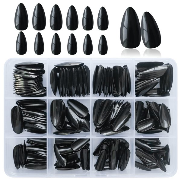LoveOurHome 240pc Almond Press on Nails Medium Black Fake Nail Tips Full Cover Glue Almond Acrylic Nails Press ons Nail Short Stiletto False Artificial Fingernail & Glue Adhesive Tabs for Women Girls