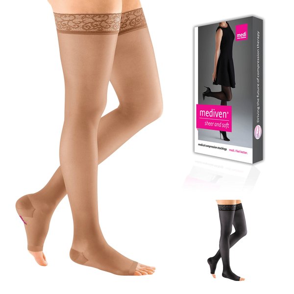 mediven sheer & soft for Women, 15-20 mmHg Thigh High w/Lace Silicone Top Band Open Toe Compression Stockings, Natural, V-Standard