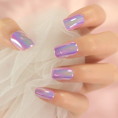Magic Pink Purple Chrome Holographic Press On Nails Short Squoval False Nails Women Girls Nail Art Full Cover Reusable Fingernails Datechable Acrylic Manicure For Daily Dating Office Home Party