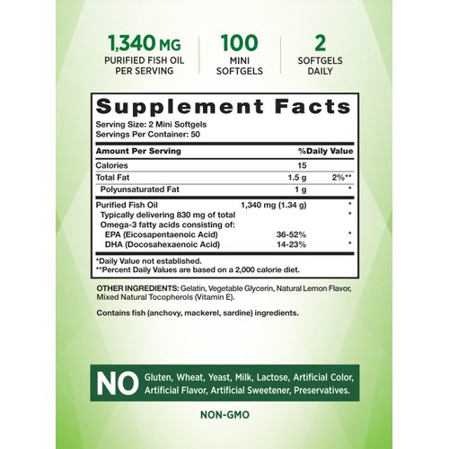 Mini Fish Oil Omega 3 | 1340 mg | 100 Softgels | Burpless Lemon Flavor Pills | Non-GMO & Gluten Free Supplement | by Nature's Truth