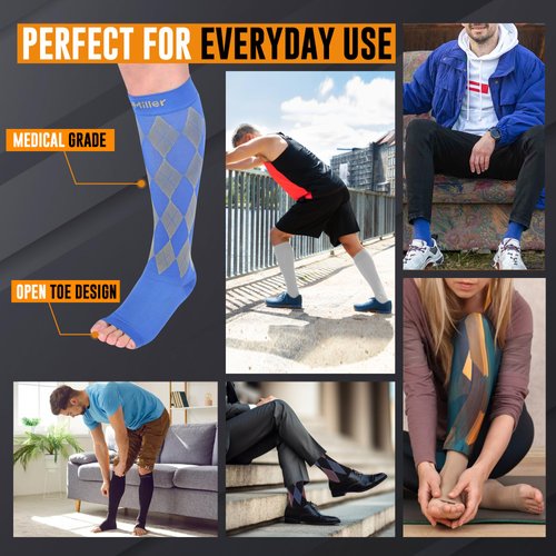 Doc Miller Open Toe Compression Socks for Men & Women, 20-30mmHg, Toeless Socks, Support Circulation, Shin Splints, Calf Recovery, Medical Grade, Knee High, Argyle Pattern , 1 Pair, Small