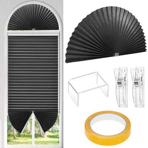 Juexica 2 Pcs Arch Light Filtering Fabric Shade Pleated Window Shades Half Circle Blackout Silver Window Cover Fan Half Round Blinds Half Moon Curtains, Easy Cut and No Tools Install, Grey, 71" x 35"