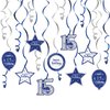 Nelbiirth Happy 15th Birthday Blue & Silver Glitter Swirls Streamers Party Decorations - 15 Pcs 15th Birthday Hanging Swirls Streamers Kit,Cheers to Fifteen Years Old Bday Party Sign.