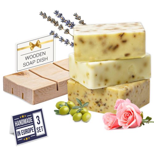 HARMONIFY All Natural Set of Soap Bars, Rose, Lavender, Olive Oil with Wooden Soap Dish, Assortment of Natural Hand-Made Soaps, Made in Europe