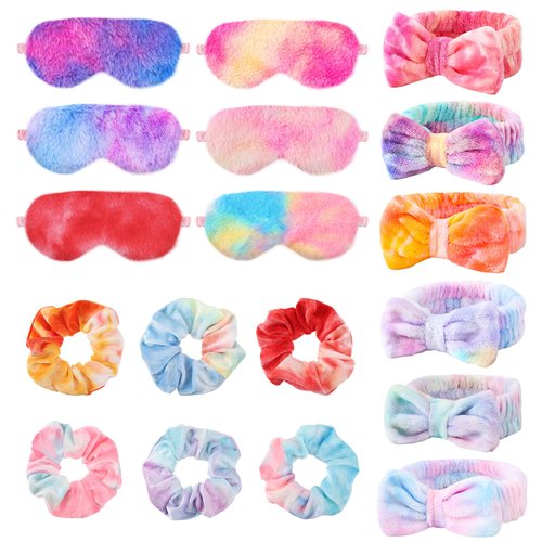 GGSTDDUP 18 Pcs Sleepover Party Supplies for Girls, Plush Sleep Eye Mask Soft Spa Headband Hair Scrunchies for Spa Birthday, Bachelorette Party, Slumber Party