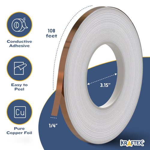Kraftex Copper Tape [1/4 Inch x 108ft, Pack of 2]. Copper Tape Conductive Adhesive use as Copper Foil Tape for Stained Glass, Copper Tape for Slugs, Copper Shielding Tape for Guitars or Faraday Tape.