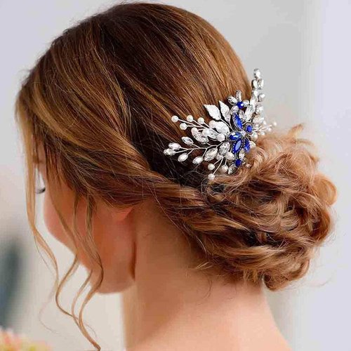 Salliy Wedding Hair Comb Blue Leaf Bridal Hair Piece Silver Rhinestone Hair Accessories for Women and Girls (A)