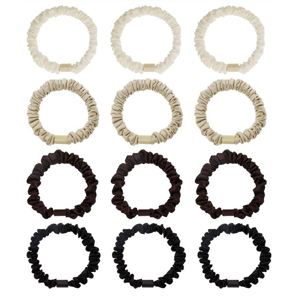 Penta Angel Silk Satin Hair Ties 12Pcs Small Thin Hair Elastic Scrunchies Bands Skinny Ponytail Holders Accessories for Women Girls Thick Thin Curly Hair (Neutral Color)