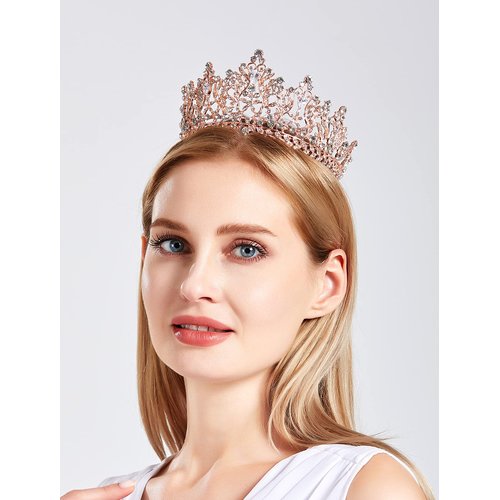 SH Full Round Queen Crown for Women, Rhinestone Princess Tiaras and Crowns Rose Gold Birthday Tiara Headband Halloween Party Hair Accessories Cake Topper