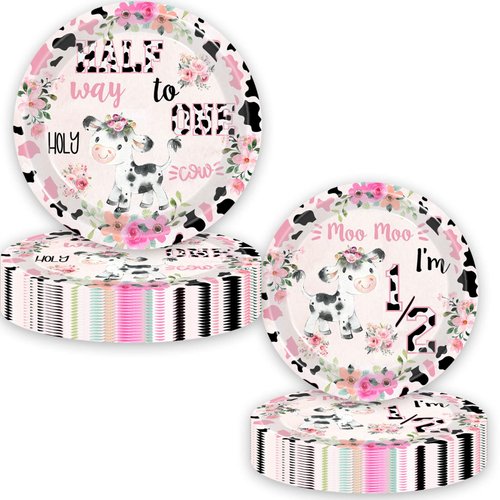 51 Pcs Holy Cow I'm 1/2 Birthday Party Supplies Moo Moo Half Way To 1st Tablecloth Paper Plates Napkins Forks Dinnerware for Farm Animals Cow Girls Baby Shower Half Birthday Party Supplies Decorations