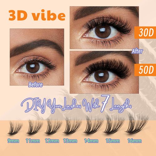 THINKSHOW DIY False Lashes 280pcs 30D+50D Lash Extension Lash Clusters Eyelash Extension Kit 9-16mm Mix with Bond (Black) & Sealant & Gel Remover & Lash Applicator for Self Use