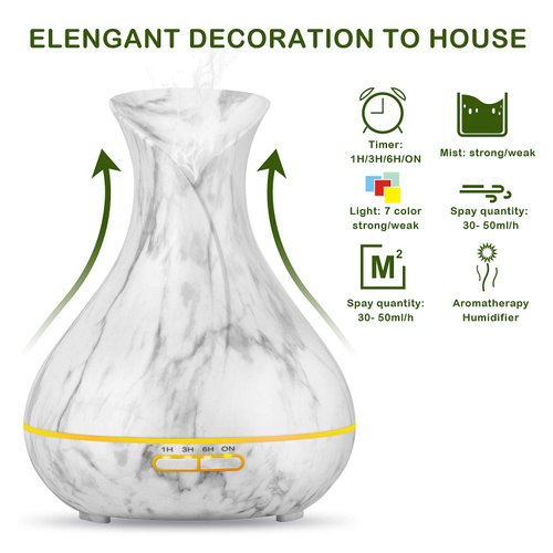 OliveTech Essential Oil Diffuser, 400ml Ultrasonic Aroma Humidifier, Free Cleaning Kit, Auto Shut Off and BPA-Free - White Marble