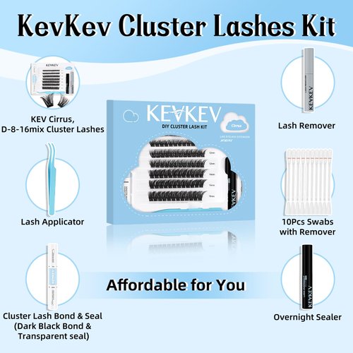 KevKev DIY Lash Extension Kit Lash Clusters Kit 84 Pcs Cluster Lashes with Lash Bond and Seal Lash Glue Remover Overnighter Seal and Applicator for DIY Eyelash Extension(Cirrus Kit,D-8-16mix)