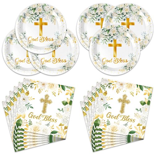 Generic 40pcs God Bless Holy Communion Birthday Party Supplies-Party Decorations Tableware For Kids, Plate, Napkin Party Decorations