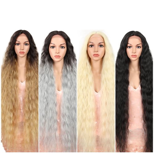 Style Icon 41” Lace Front Wigs Long Wavy Synthetic Wigs with Baby Hair Half Hand Tied 130% Density Wigs (41", 1B)