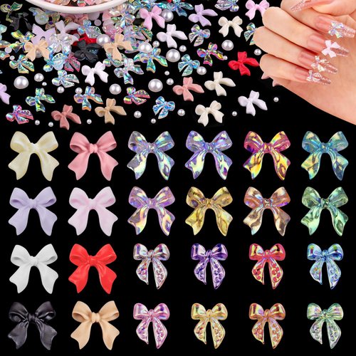 3D Nail Bow Charms and Nail Pearls Set 1, 16 Colors Multi Styles Cute Shiny Bow Nail Jewelry Charms and 2-6mm White Half Pearls with Pickup Tools for Nail Art Design and DIY Decorations