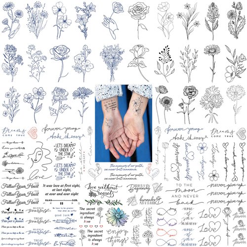 CUTELIILI 56 Sheets Small Temporary Tattoos for Women teen girls, Waterproof Cute Tattoos, Inspirational Quotes Words Flowers, Roses