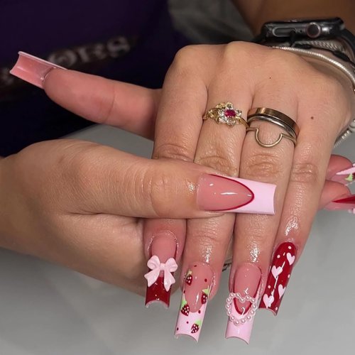 BABALAL Long Square Press on Nails Pink French Fake Nails Red Heart Glue on Nails Pearl Strawberry Design Cute Acrylic Nails Squoval 3d Bow Manicure Valentine's Day False Nails for Women and Girls