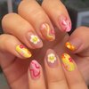 24 Pcs Flower Press on Nails Short, Almond French Tips Fake Nails Short Glue on Nails, Sun Flower False Nails with Glue Stickers, Cute Acrylic Nails Short for Women and Girls