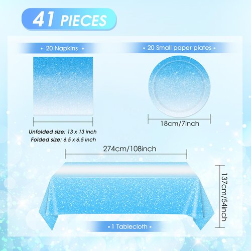 41Pcs Ombre Blue Party Supplies Blue Party Tableware Set Gradient Light Blue Paper Plates Napkins Tablecloth丨Wedding Anniversary Baby Shower Birthday Party Decorations Supplies,Serve 20