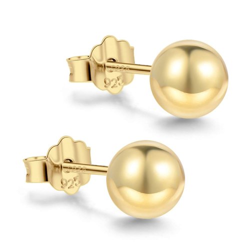 18K Gold Plated Sterling Silver Ball Stud Earrings 3mm-8mm Options, Simple Polished Ball Studs Hypoallergenic Jewelry (3mm)