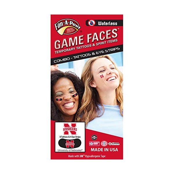 Nebraska – Waterless Peel & Stick Temporary Tattoos – 12-Piece Combo – 8 Scarlet N Logo Spirit Tattoos & 4 Scarlet N Logo on Black Eye Strips