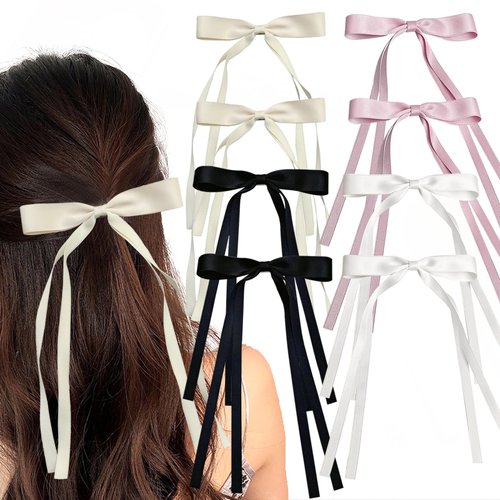 8Pcs Tassel Ribbon Bowknot Hair Clips with Long Tails for Long Hair - Solid Barrettes and Hair Accessories for Women and Girls (4 Colors: White, Pink, Black, Beige)