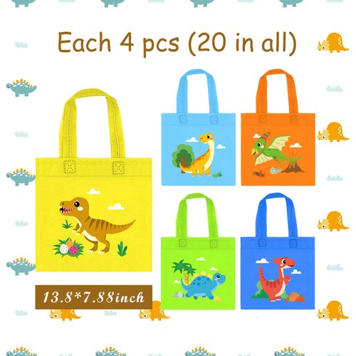 20 Pack Dinosaur Party Favor Bags Animal Birthday Party Decorations Return Gifts for Kids Birthday with 5 Style Dinosaurs for Candy Treat Goodies Gift Bags Boys Kids Dino Theme Party Supplies (BOY)