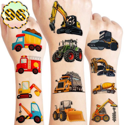 Construction Temporary Tattoos Birthday Party Supplies Decorations 96PCS Tattoos Stickers Vehical Excavator Bulldozer Cute Party Favors Kids Girls Boys Gifts Classroom School Prizes Themed