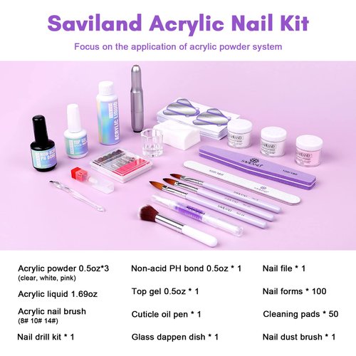 SAVILAND Acrylic Nail Kit with Nail Drill: Professional 0.5Oz Clear/White/Pink Acrylic Powder and Liquid Set with Nail Drill Acrylic Nail Brush, Nails Kit Acrylic Set for Beginners DIY & Nail Salon